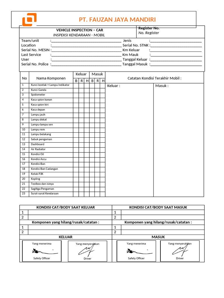 Inspeksi Kendaraan Mobil Lengkap | PDF