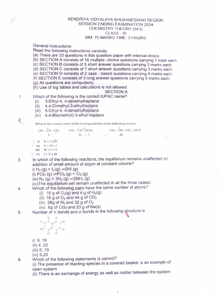 XI CHEMISTRY Session Ending 2024 QP | PDF | Molecules | Chemical Reactions