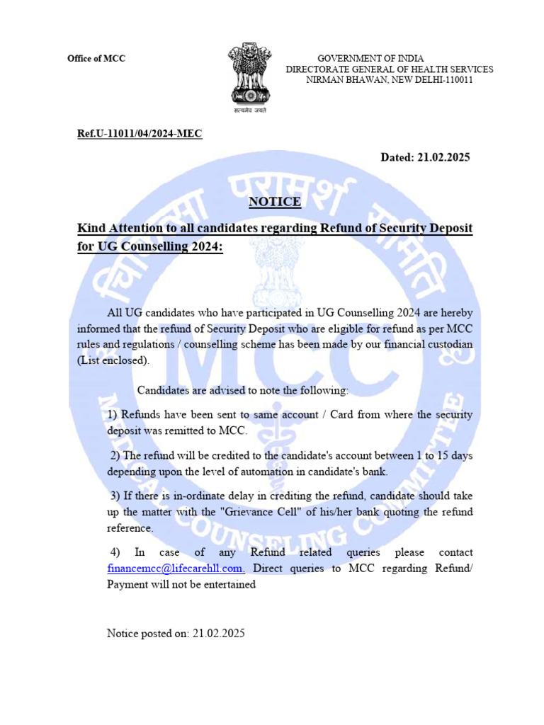 MCC Security Deposit Refund Notice 2024 | PDF | Payments