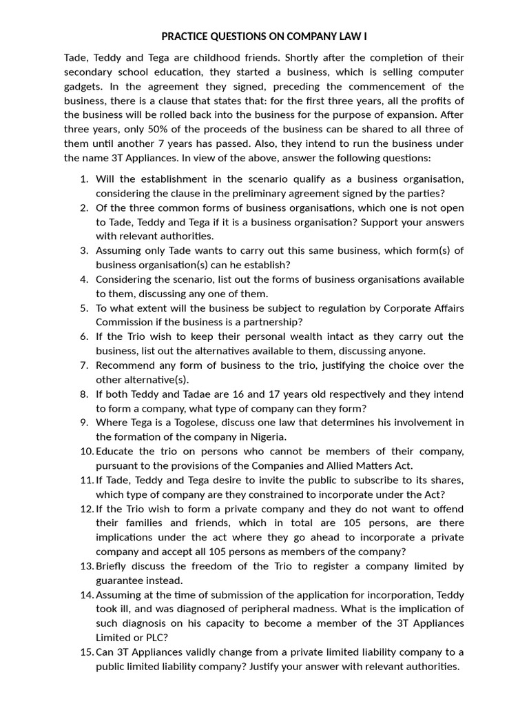 Company Law Practice Questions | PDF | Civil Law (Legal System) | Business