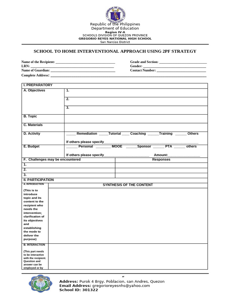 School Home Intervention Form | PDF | Behavior Modification | Human ...