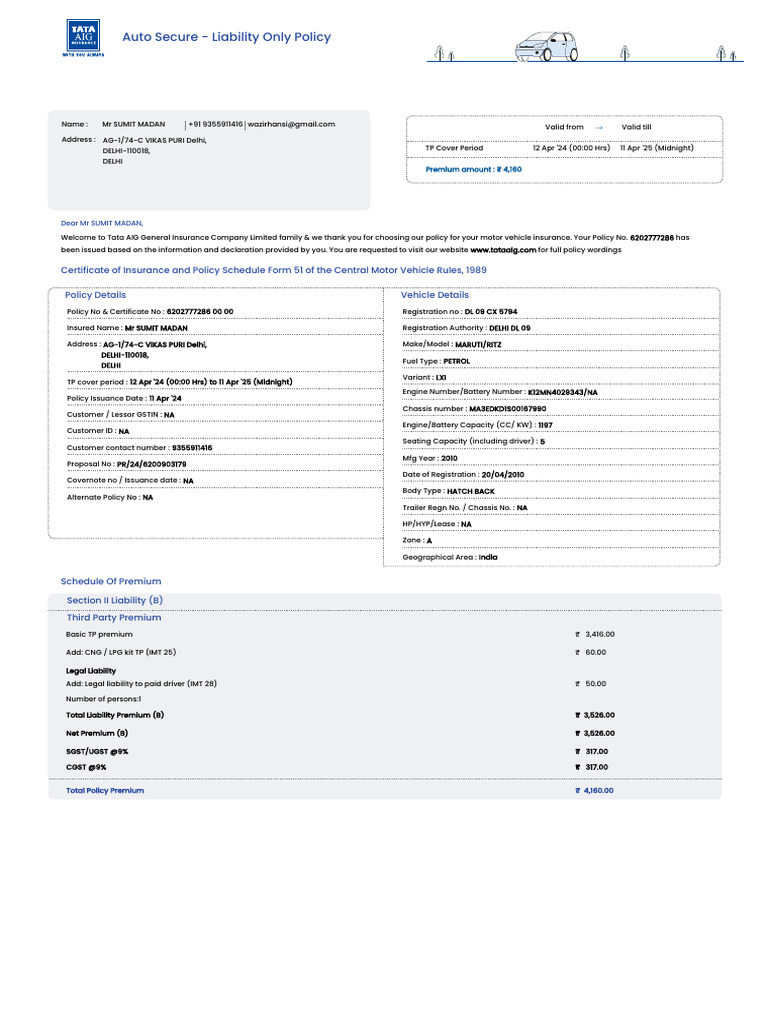 Tata AIG Motor Policy Schedule - 3184 - 6202777286 | PDF | Insurance ...