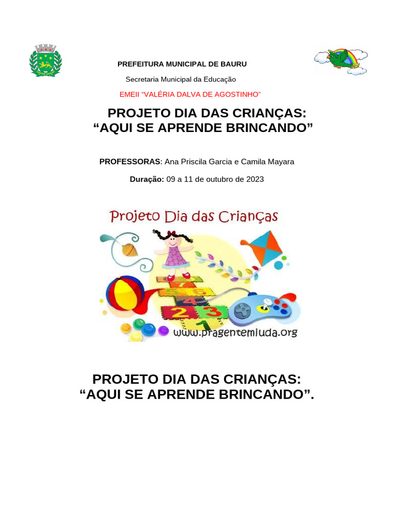 Projeto Dia das Crianças: Aprender Brincando | PDF | Aprendizado ...