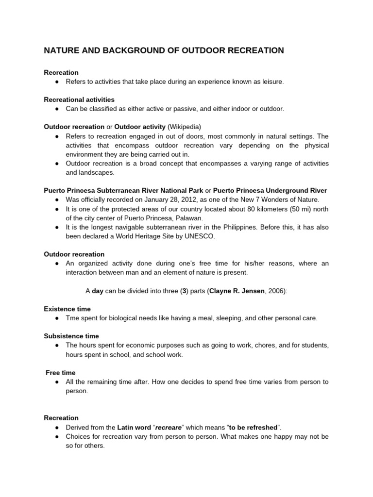 Benefits and Principles of Outdoor Recreation | PDF | Recreation ...