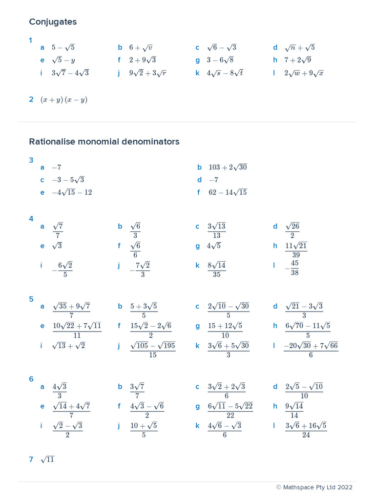 2.05 Rationalising The Denominator Enrichment - Answerkey | PDF