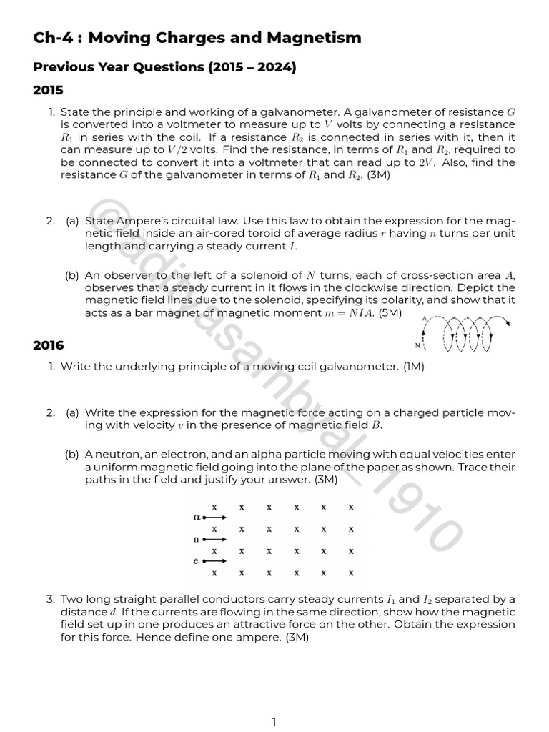 Moving Charges and Magnetism: Past Exam Questions | PDF | Magnetic ...