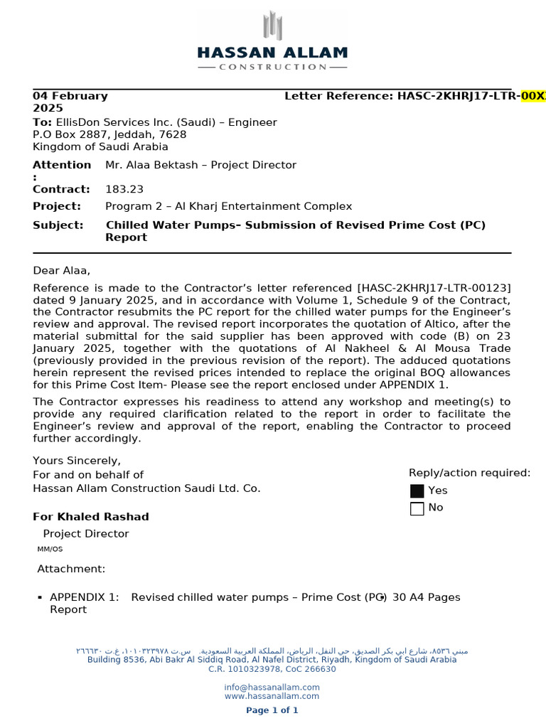 Chilled Water Pumps Submission of Revised Prime Cost (PC) Report_rev00 ...