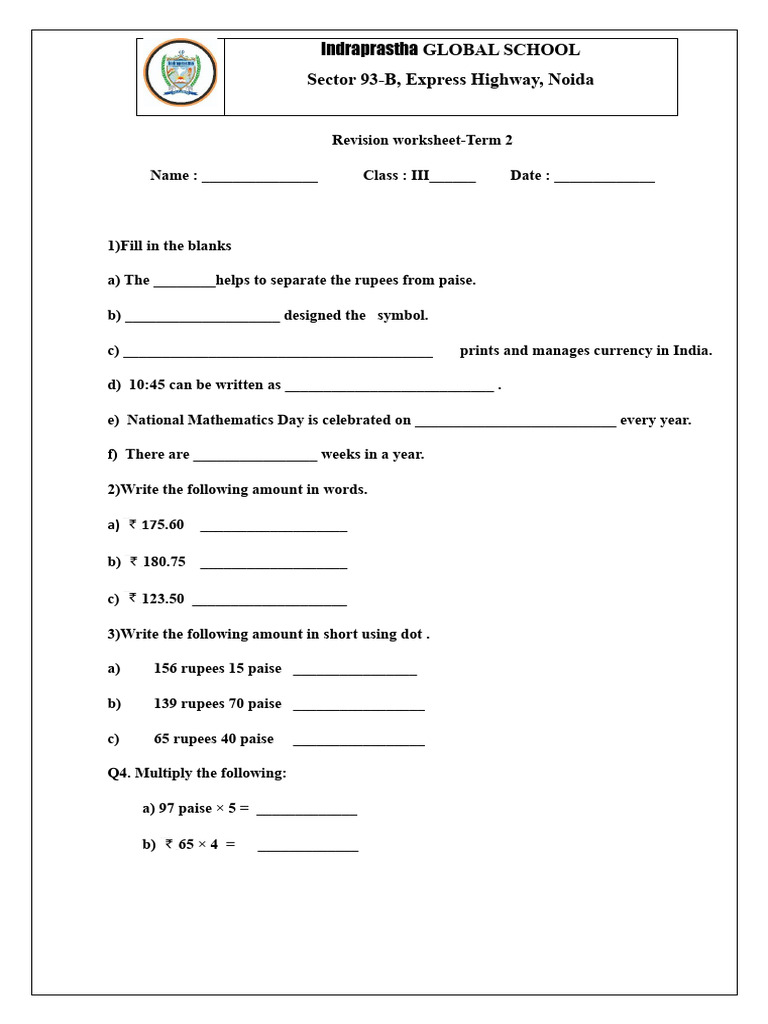 Term 2 Revision Worksheet for Class III | PDF