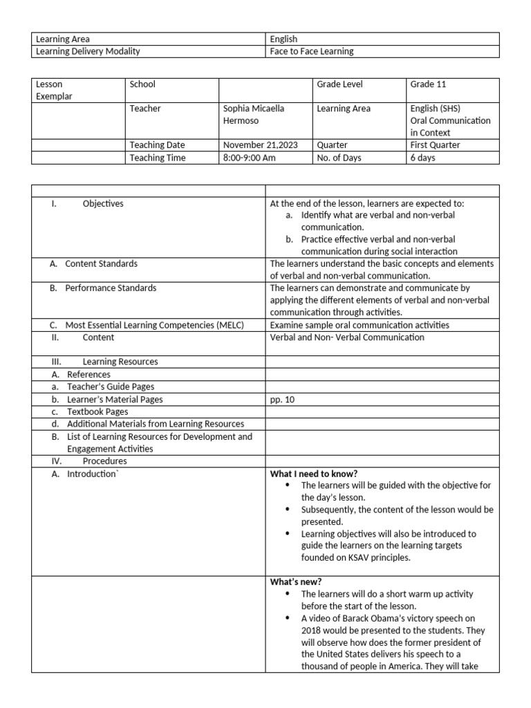 Verbal and Non-Verbal Communication Lesson | PDF | Nonverbal ...