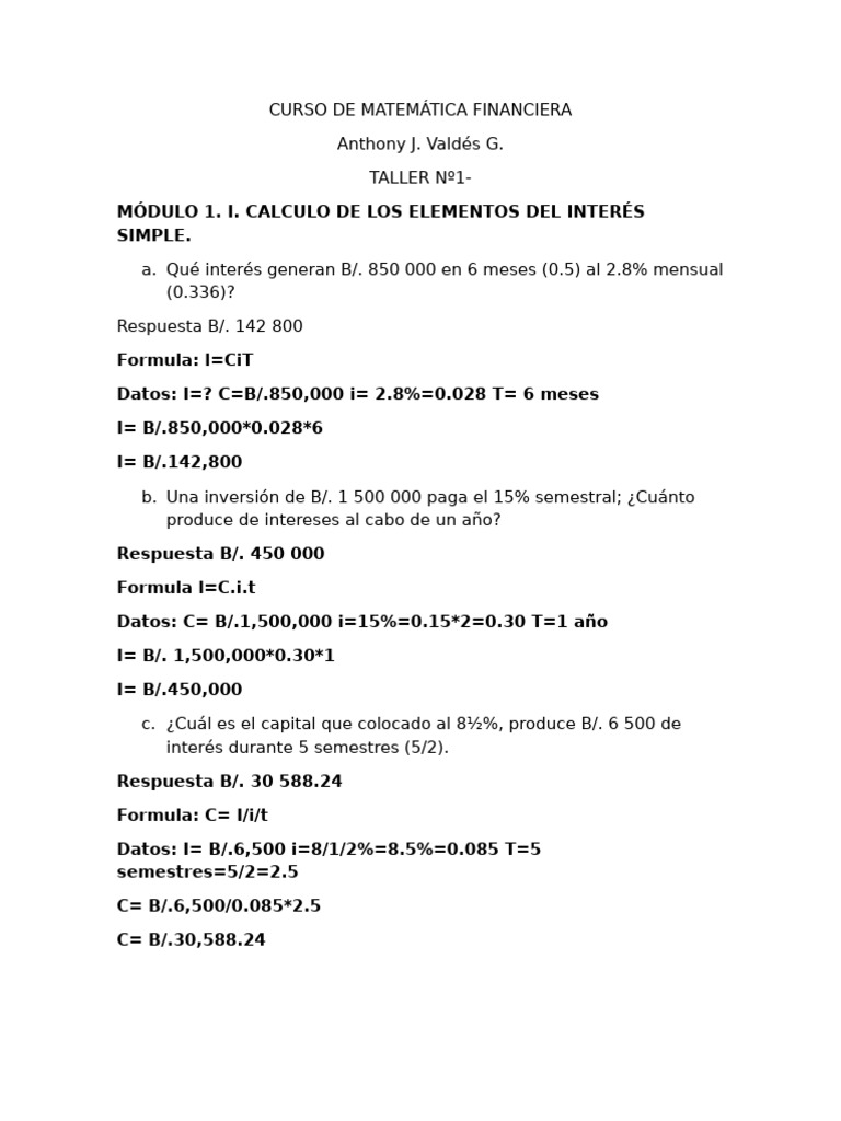 Cálculo de Interés Simple en Finanzas | PDF | Matemáticas | Finanzas ...