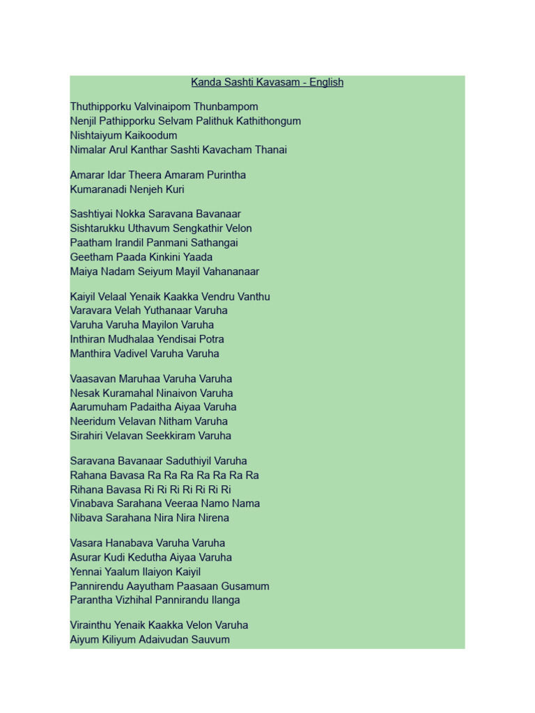 Kanda Sashti Kavasam English PDF