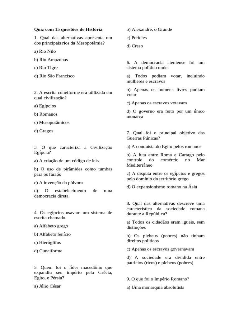 Quiz de História: 15 Questões Desafiadoras | PDF | História Antiga ...