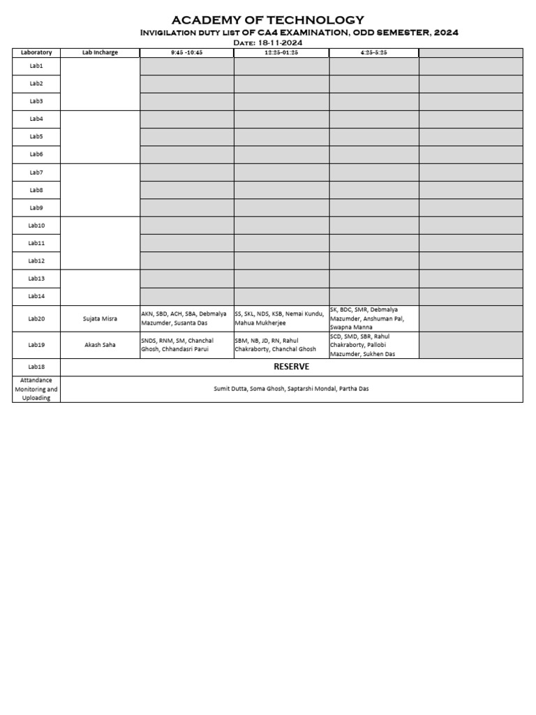 CA4 Room Indicator & Duty On 18-11-2024 | PDF