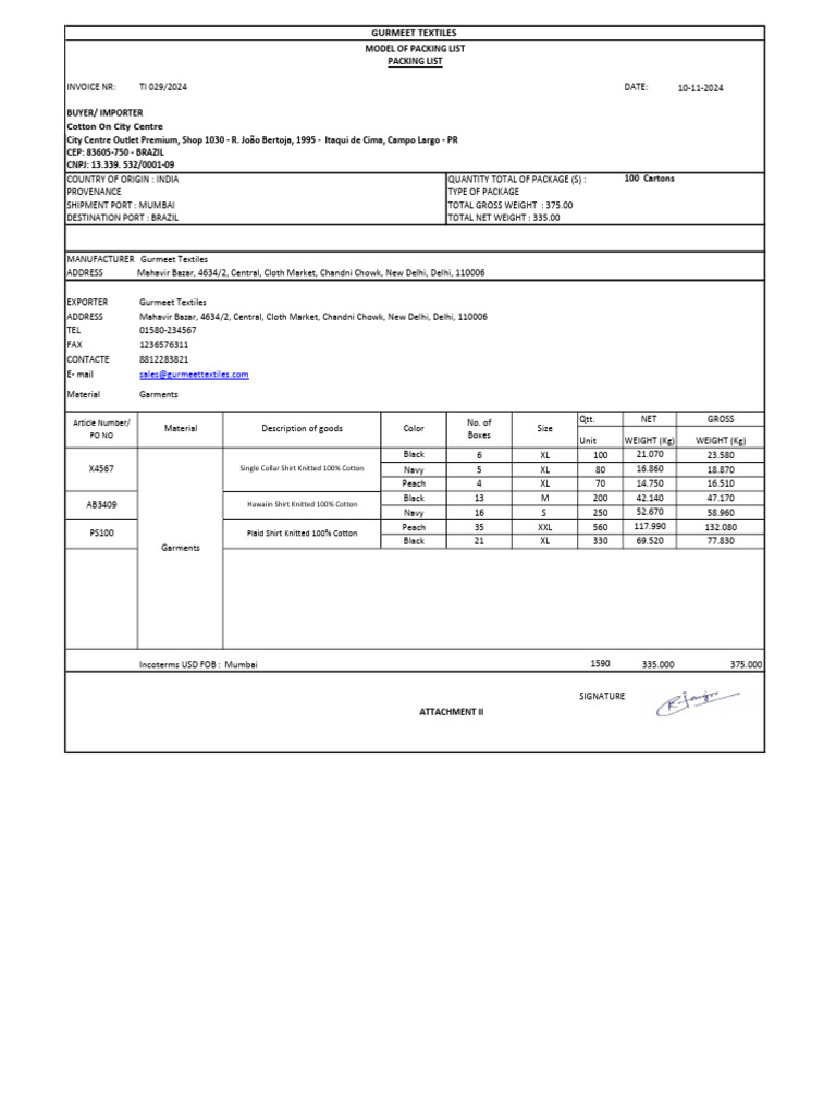 Packing List for Garments Shipment | PDF | Textiles | Softlines (Retail)