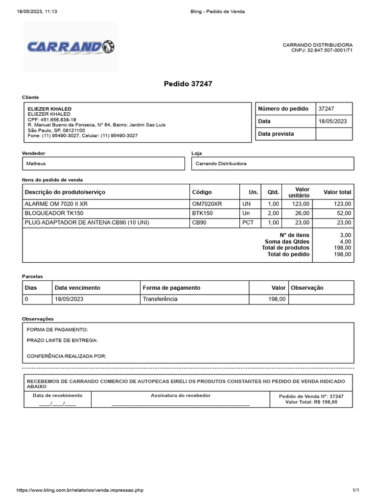 Pedido de Venda 37247 - Carrando Distribuidora | PDF