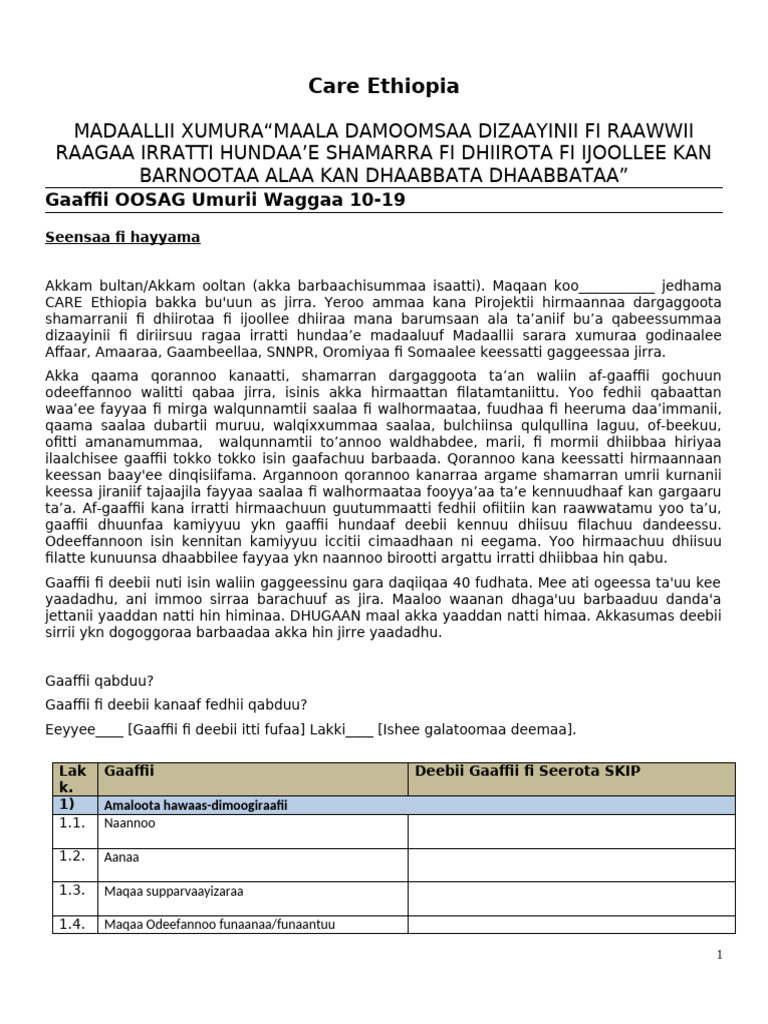 Afaan - Oromo - Questionnaire For Adolescent Girls v2 | PDF