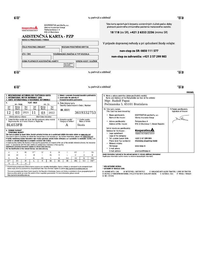 Zelena karta KOOPERATIVA PZc 3619332753 PDF