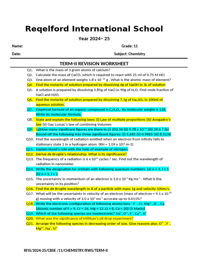 2024-25 Grade 11 Chemistry Revision Worksheet | PDF | Enthalpy | Gases