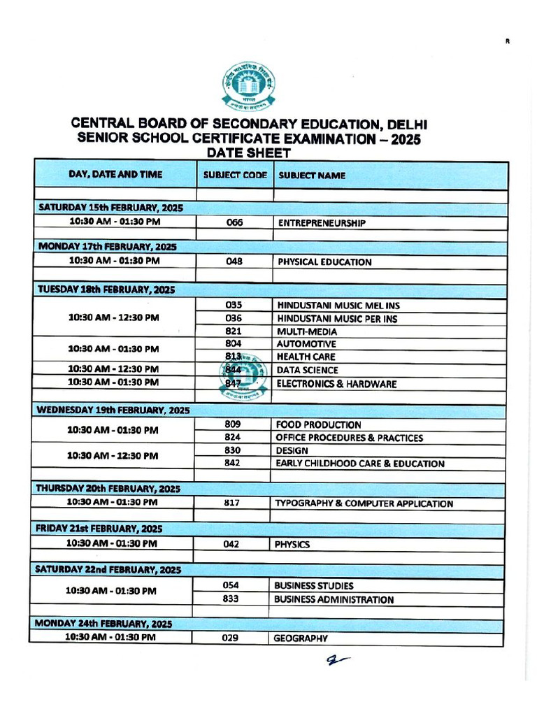 Date Sheet (Schedule) of Board Exam 2025 | PDF