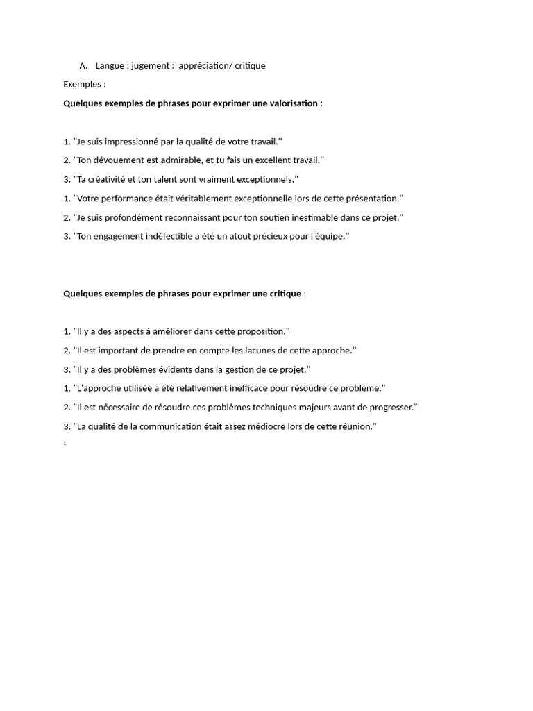 Appréciation et critique : exemples clés | PDF