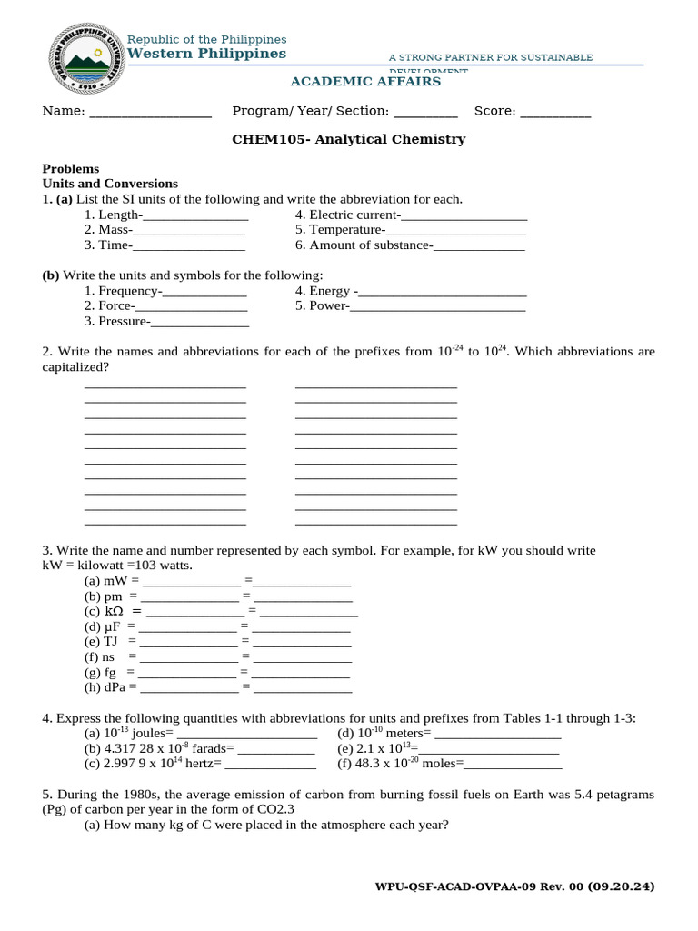 Analytical Chemistry Units and Problems | PDF | Watt | Chemistry