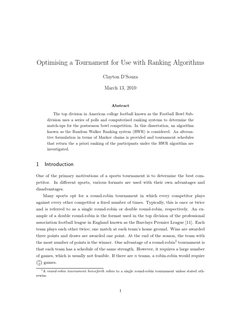Optimising A Tournament For Use With Ranking Algorithms: Clayton D ...