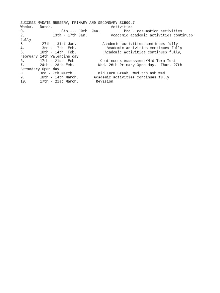 Success Madate School Academic Calendar | PDF