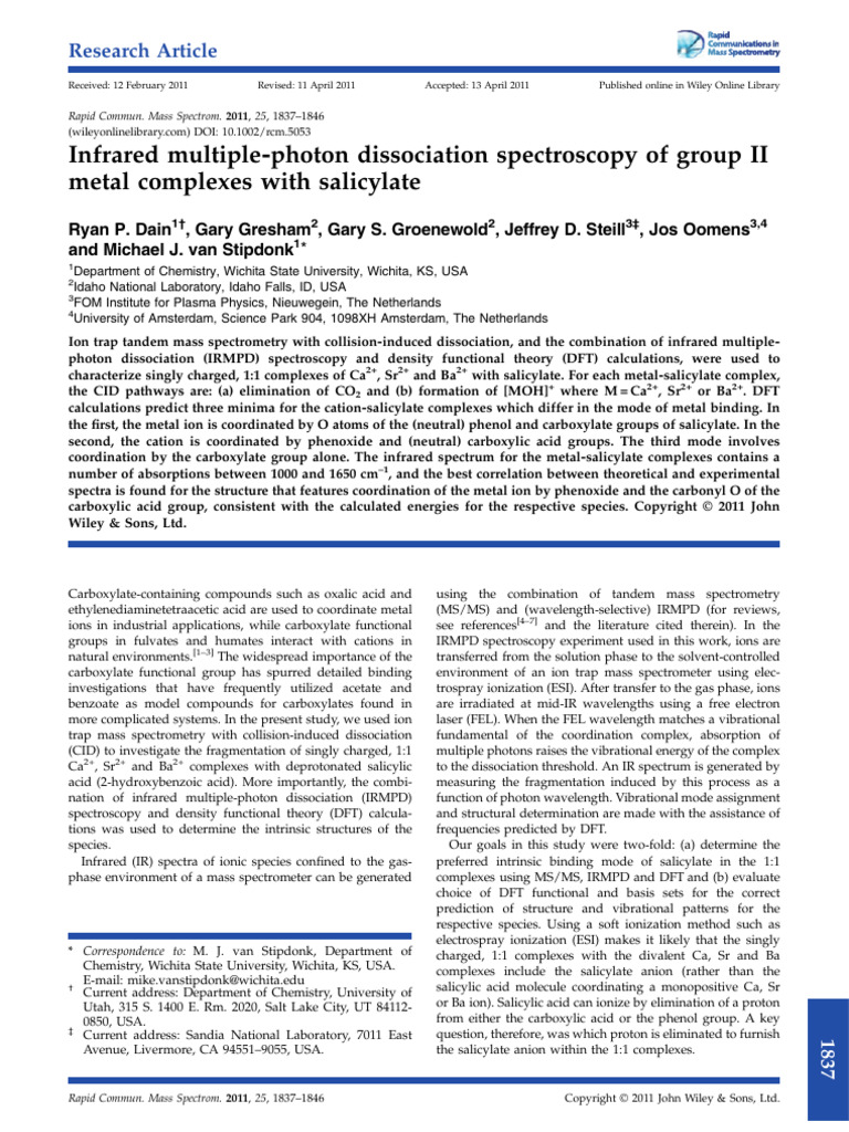 3-Infrared Multiple Photon Dissociation Spectroscopy of Group IImetal ...