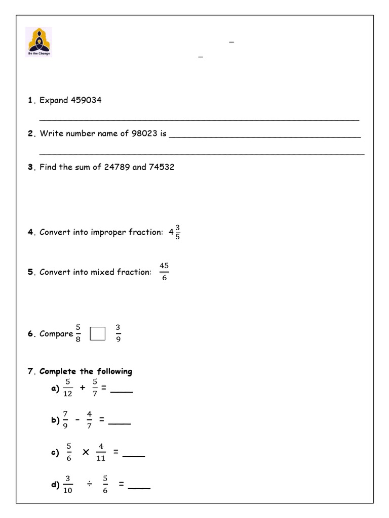 Grade 5 Math Worksheet - Fractions & More | PDF