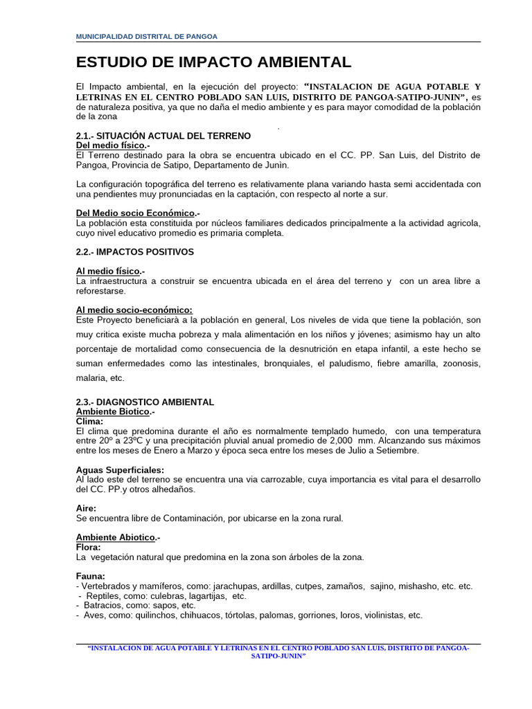 Impacto Ambiental: Agua y Sanitarios Pangoa | PDF | Agua | Entorno natural