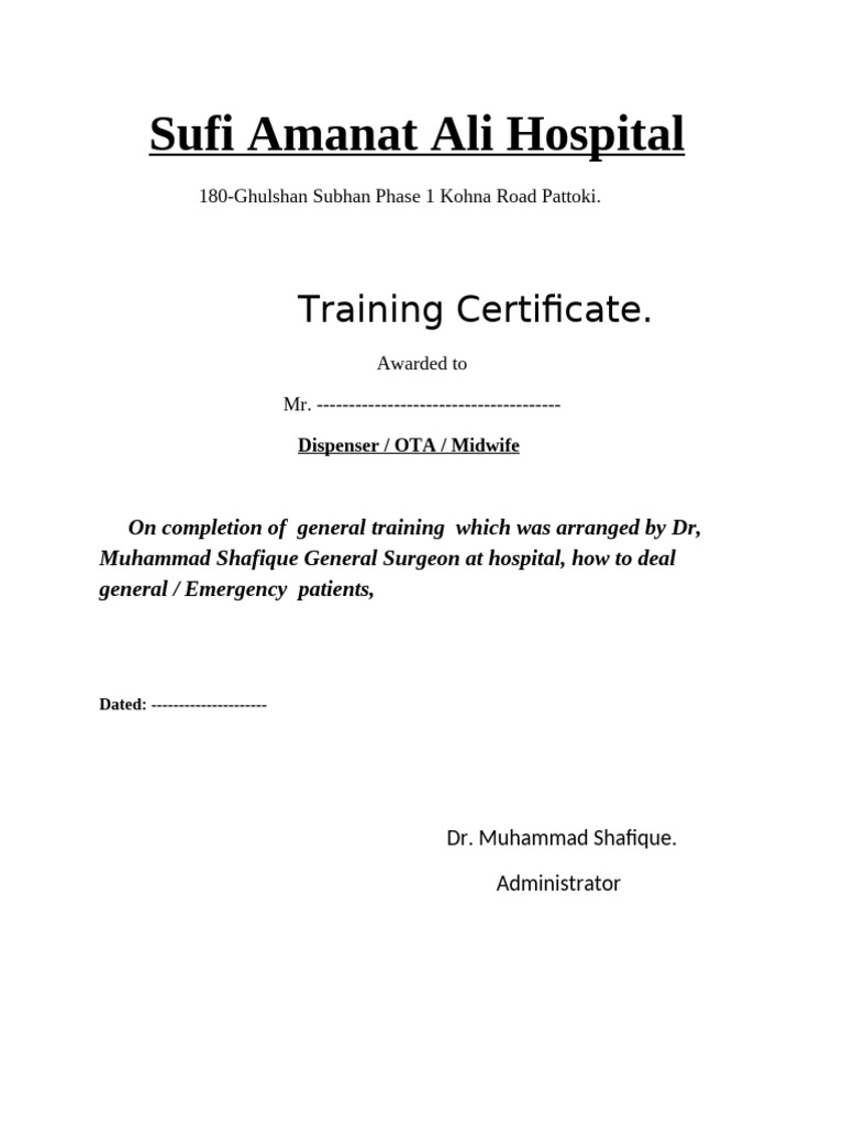 Sufi Amanat Ali Hospital Training Certificate | PDF