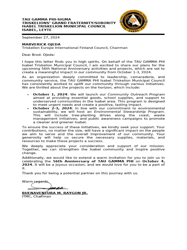 56th Anniversary Plans for TAU GAMMA PHI | PDF