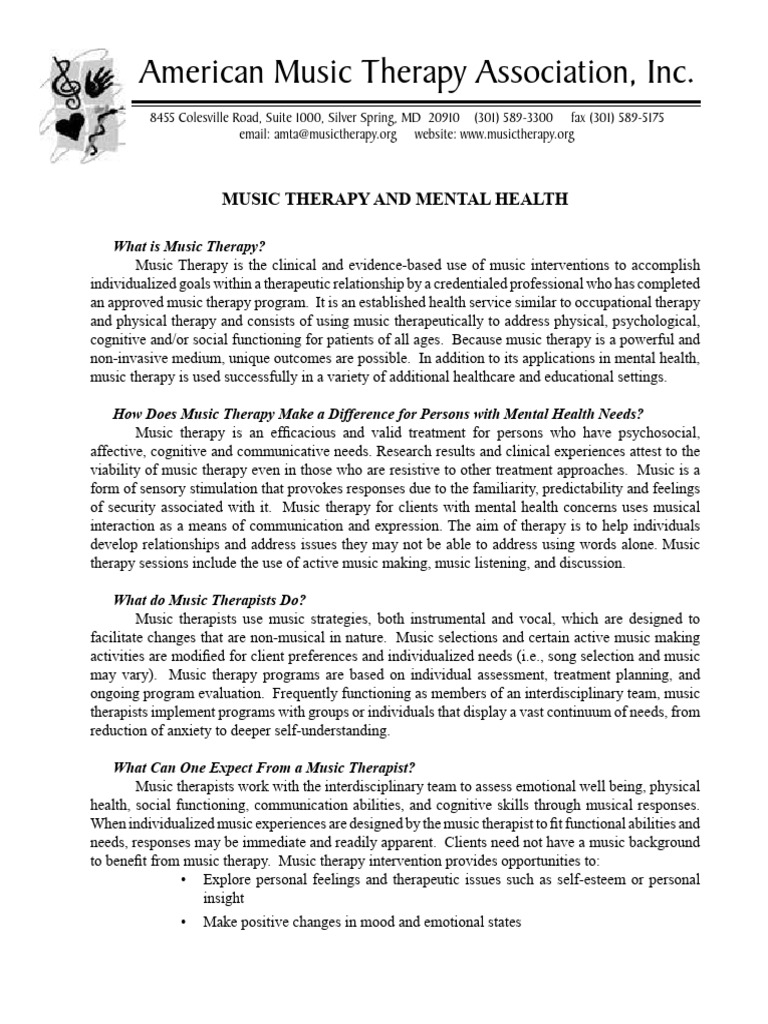 Music Therapy for Mental Health Needs | PDF | Psychotherapy | Mental Health