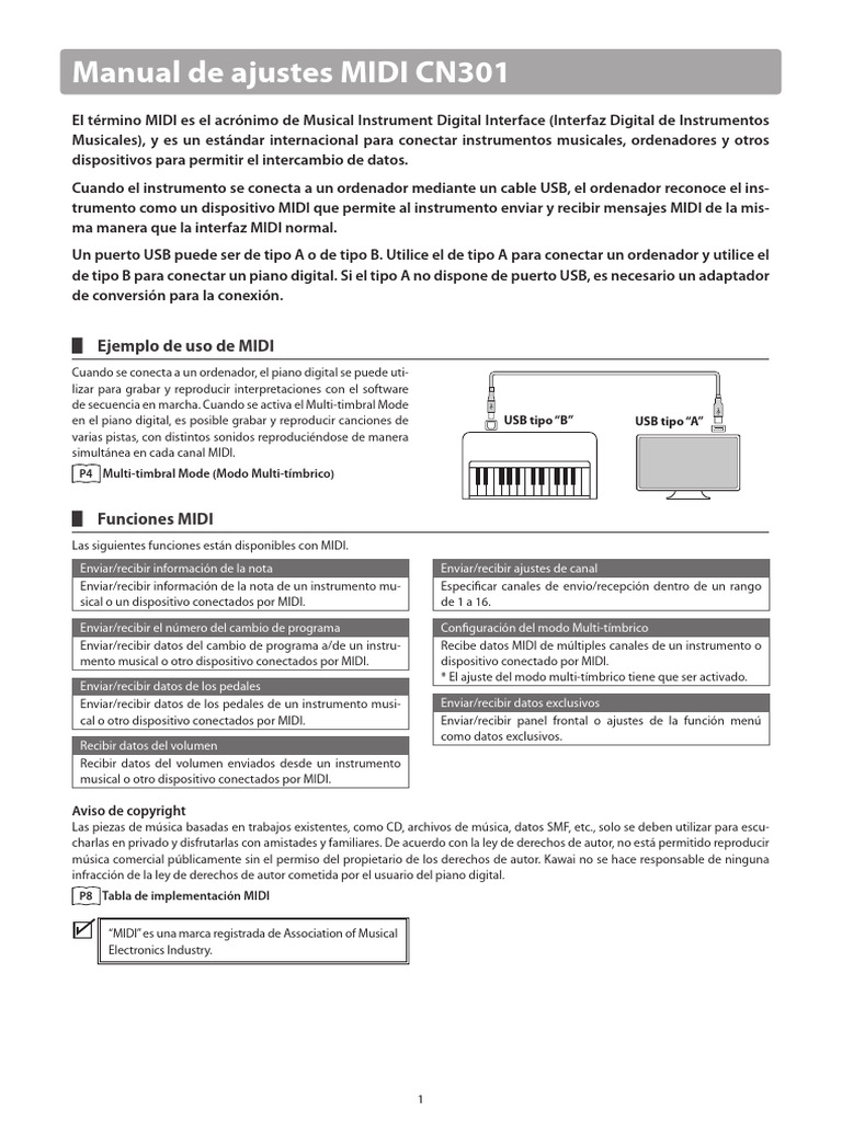 CN301 MIDI Settings Manual SP R100 | PDF | USB | Tecnología musical