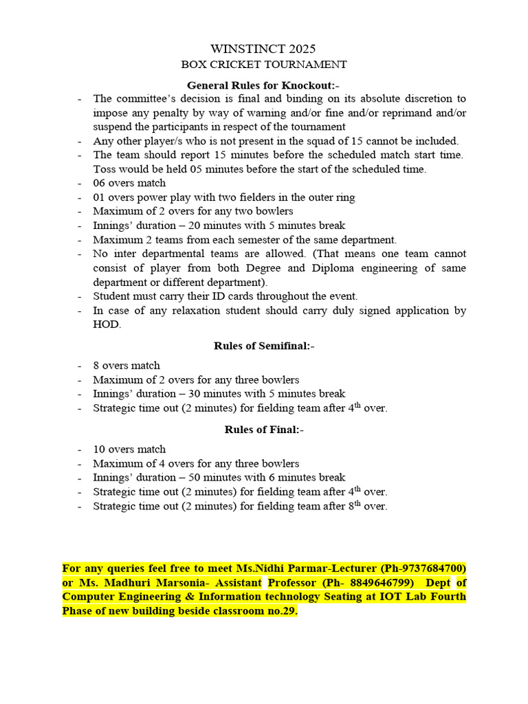 Box Cricket Tournament Rules 2025 | PDF | Sports Rules And Regulations ...