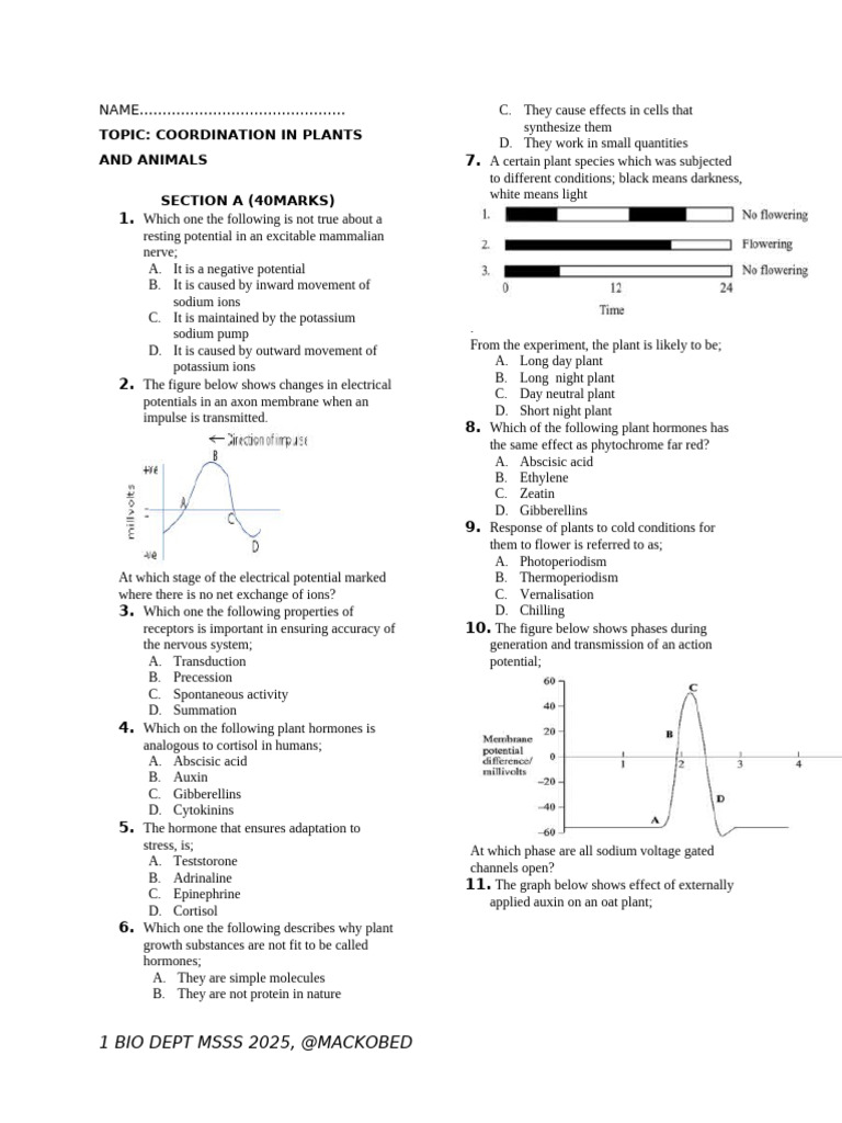 Coordination in Plants and Animals Quiz | PDF | Action Potential ...