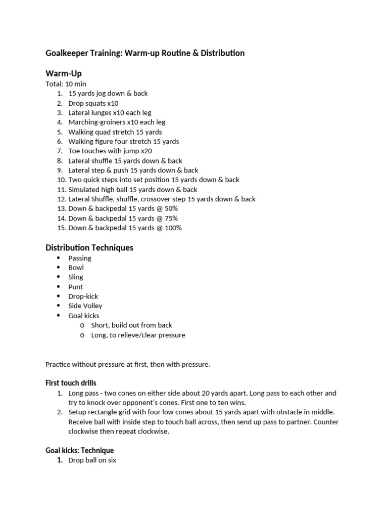 Goalkeeper Warm-Up & Distribution Drills | PDF
