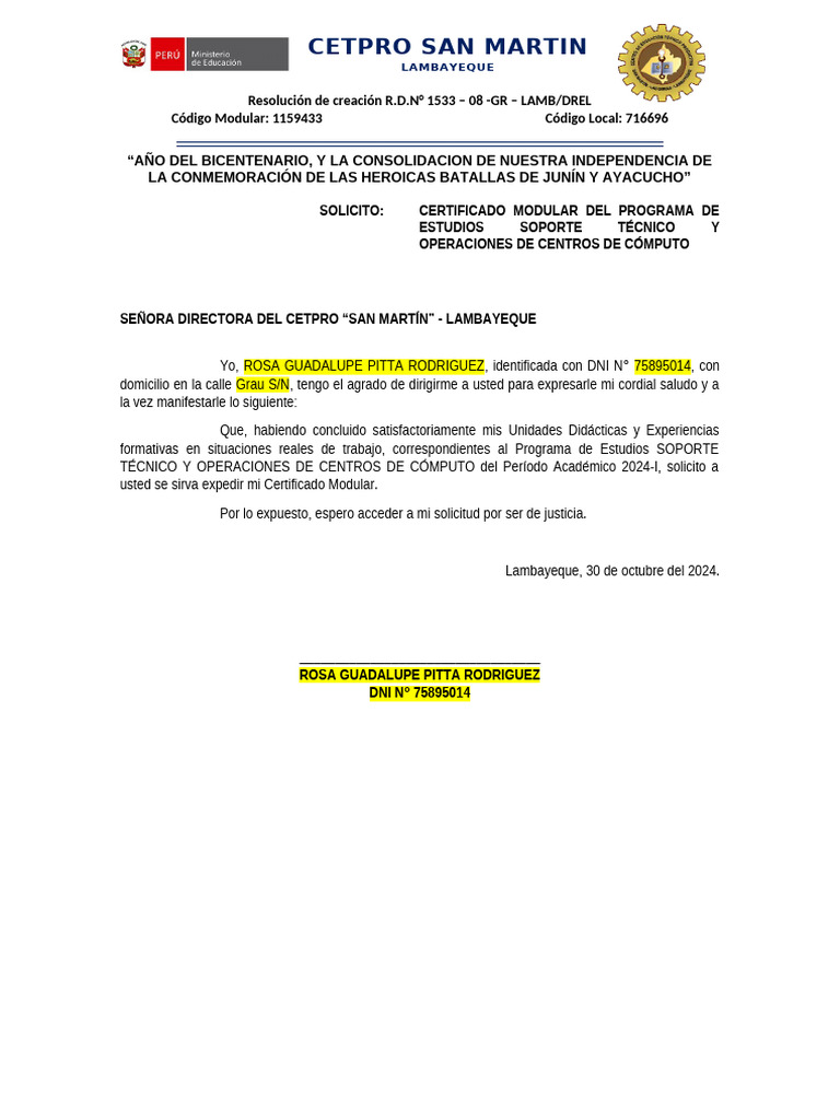 Solicitud Certificado 2024 | PDF