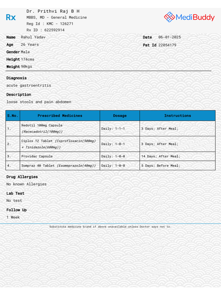 Prescription for Acute Gastroenteritis | PDF