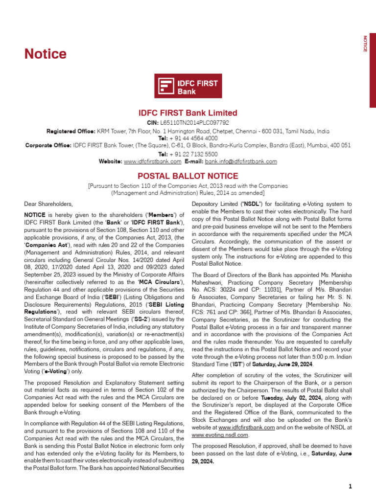 IDFC FIRST Bank Postal Ballot Notice | PDF | Login | Electronic Voting