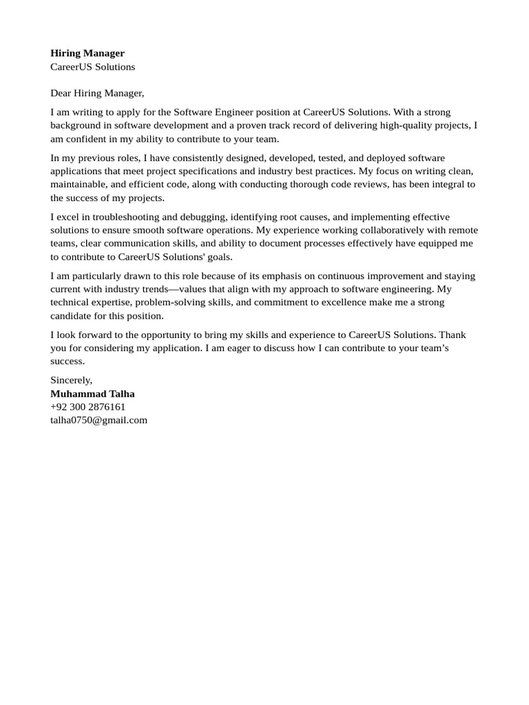 Software Engineer Application Letter | PDF