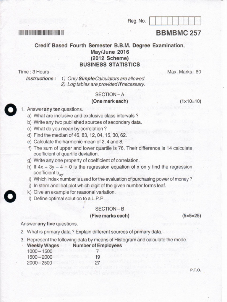 BBA IV Semester Business Statistics May 2016 | PDF