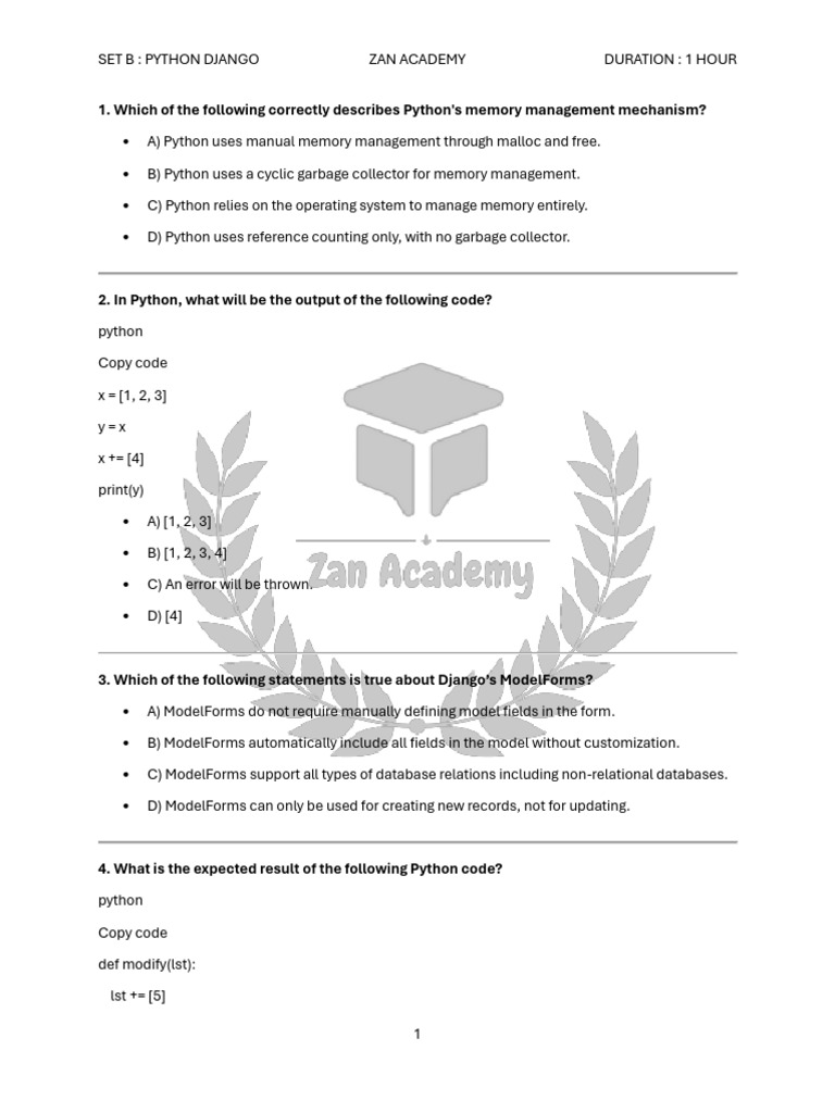 Python Django MCQ Set B Questions | PDF | Class (Computer Programming ...