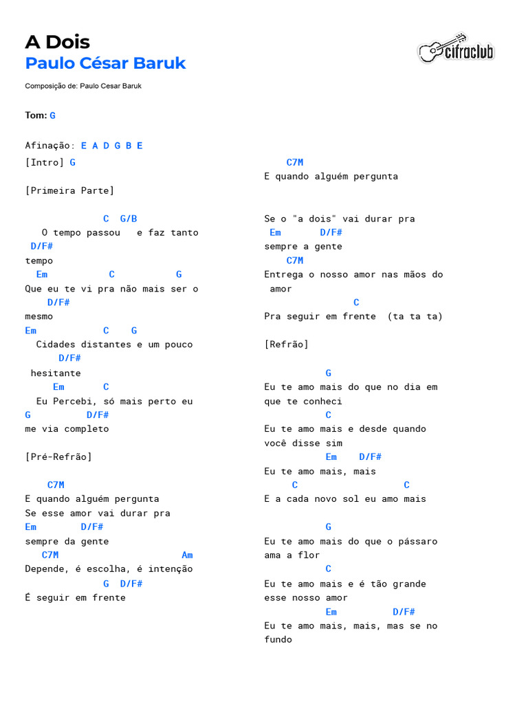 A Dois - Letra de Paulo César Baruk | PDF | Amor