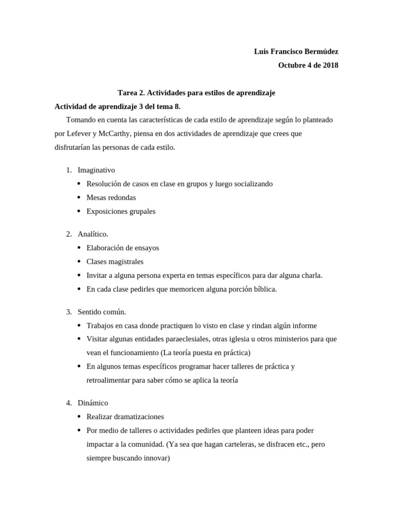 Tarea 2 Actividades para Estilos de Aprendizaje | PDF