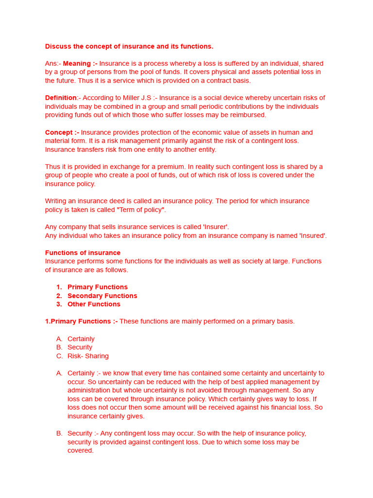 Functions of Insurance Explained | PDF | Insurance | Risk