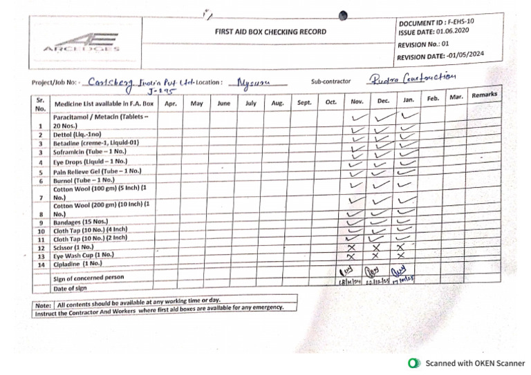 First Aid Box Checking Record Carlsberg J-295 | PDF