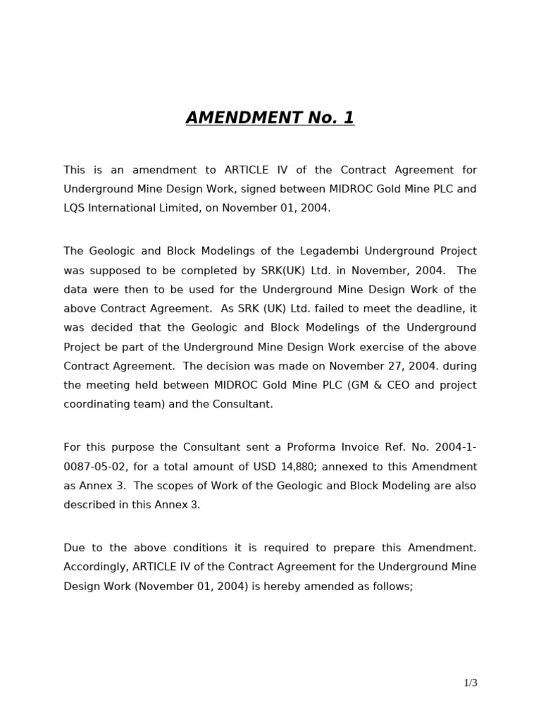 Amendment to Underground Mine Contract | PDF