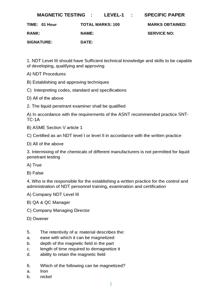 Magnetic Testing Exam Questions | PDF | Electricity | Mechanical ...