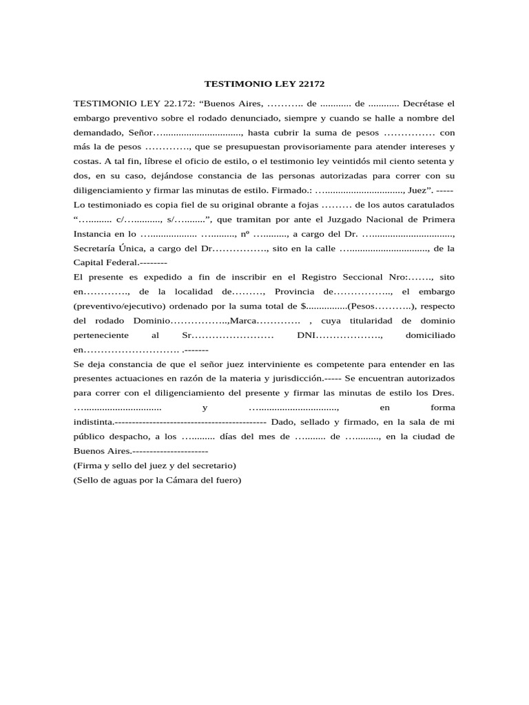 Testimonio Ley 22172 Inscrp Embargo | PDF
